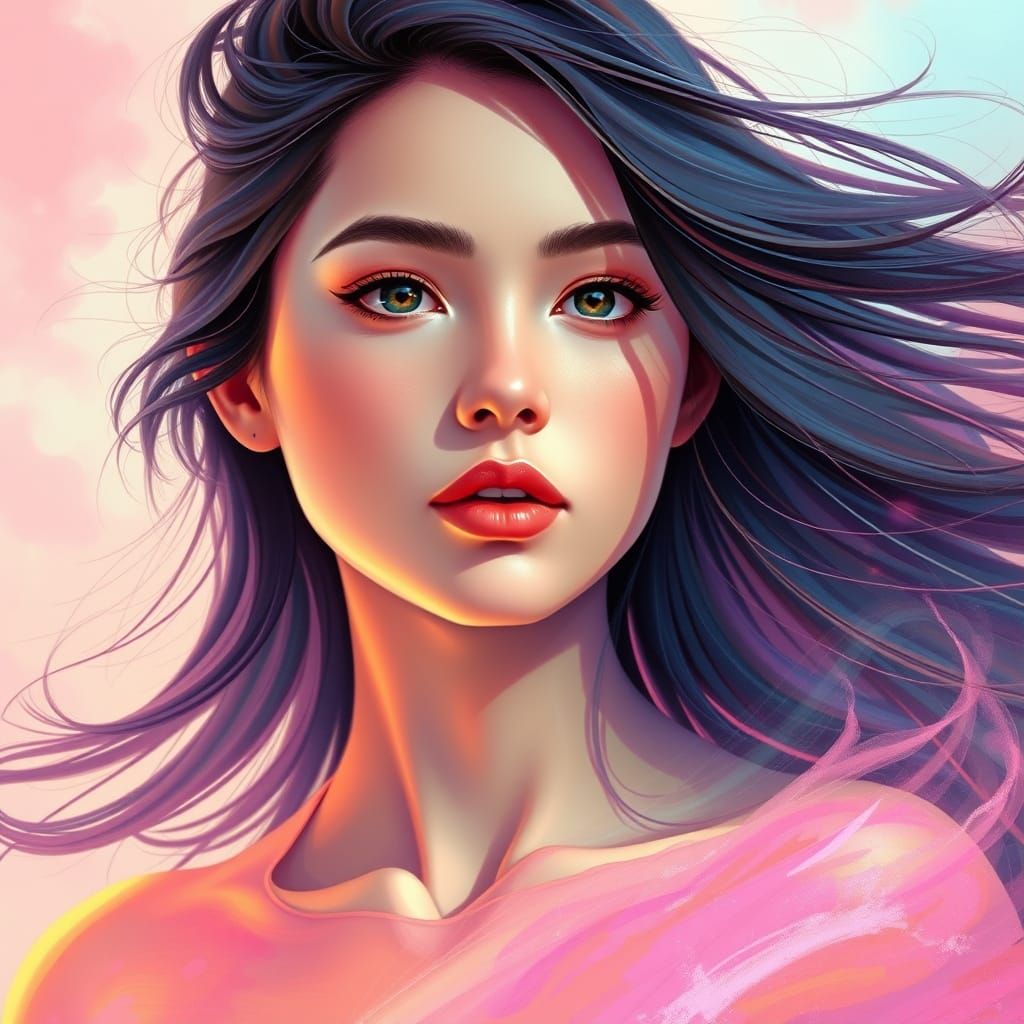 Airbrush Portrait of Woman with Flowing Hair