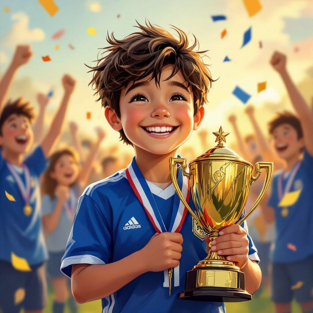 Joyful Boy Celebrates Soccer Championship Win