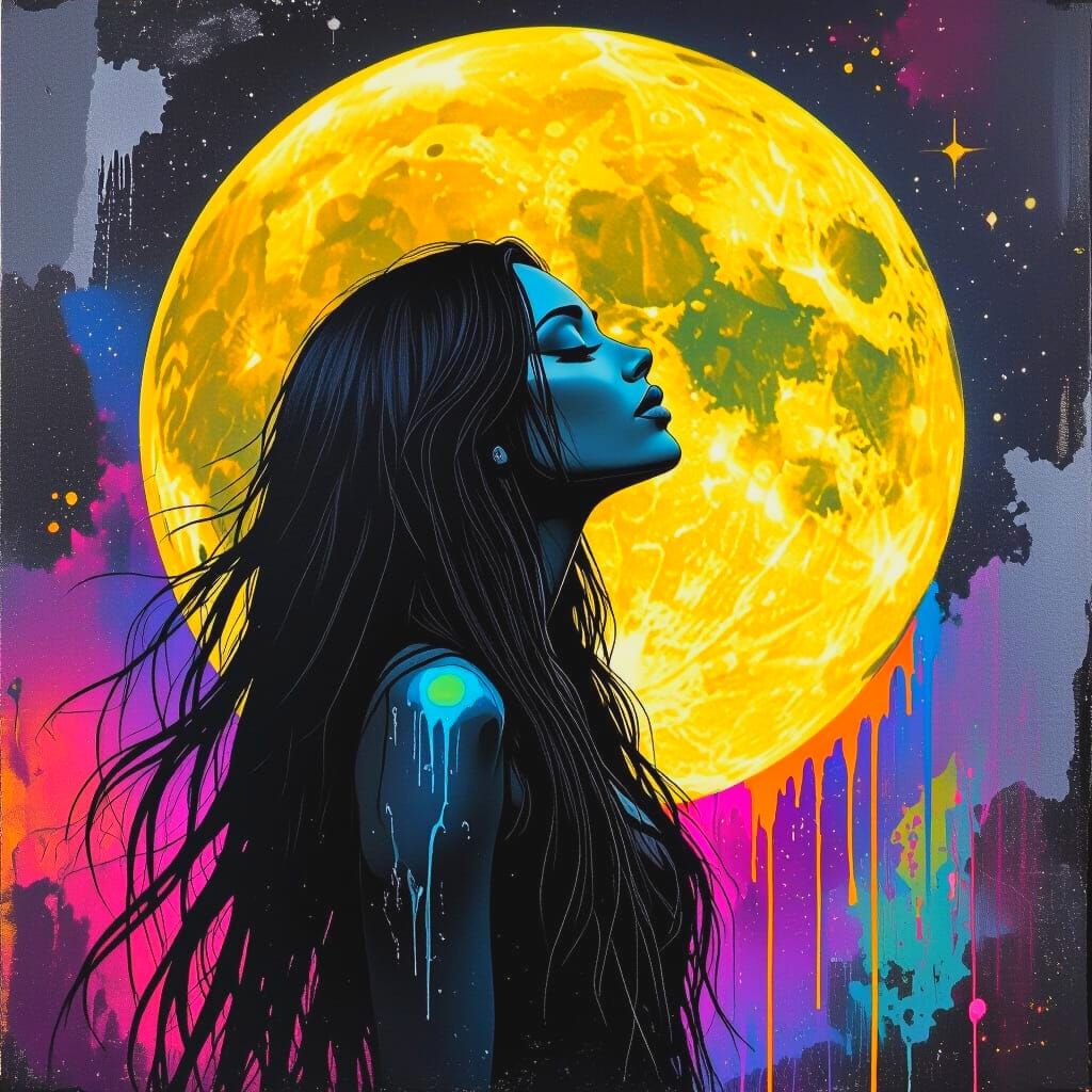 Goddess Worships Moon in Graffiti Splash Art