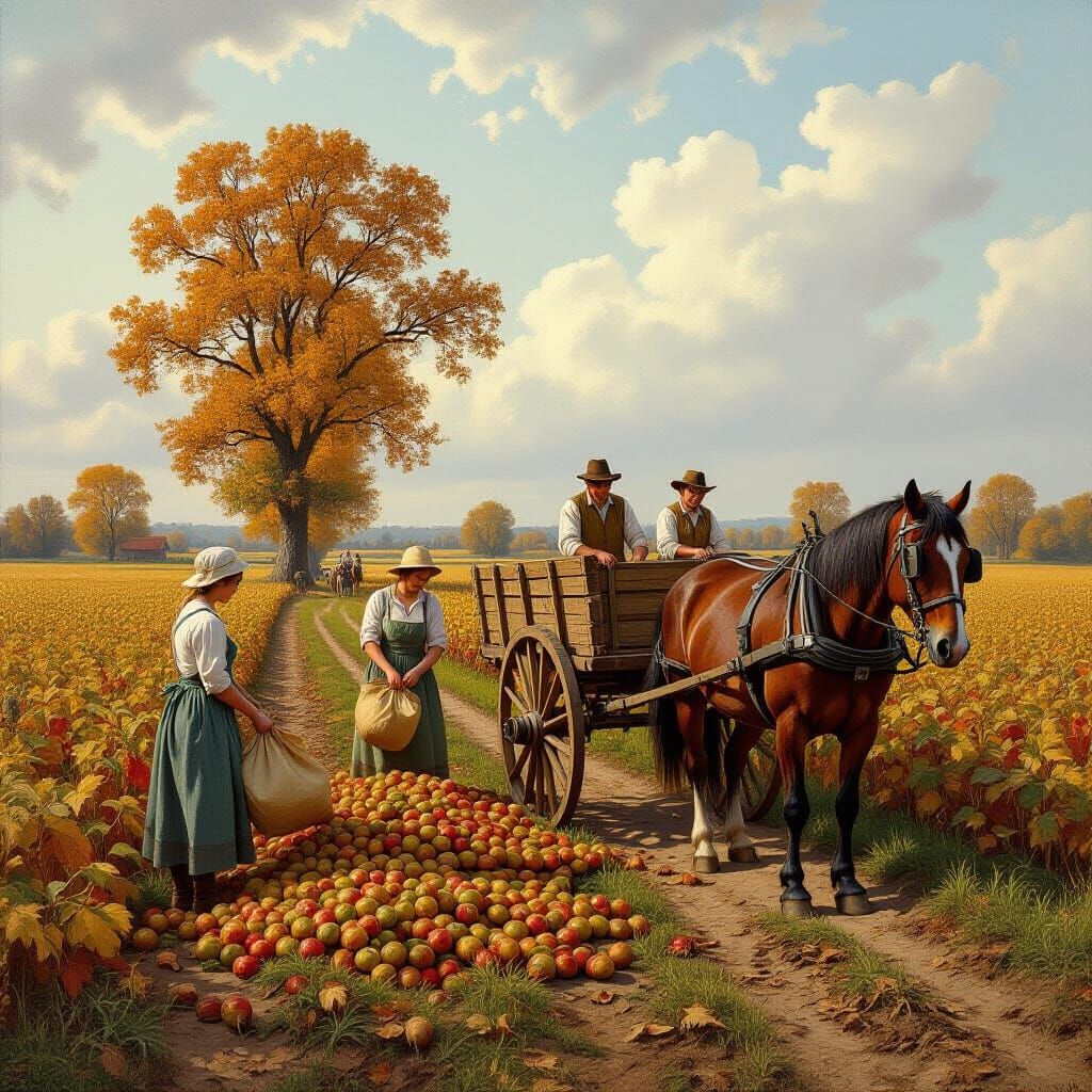 18th Century Potato Harvest Scene as Oil Painting