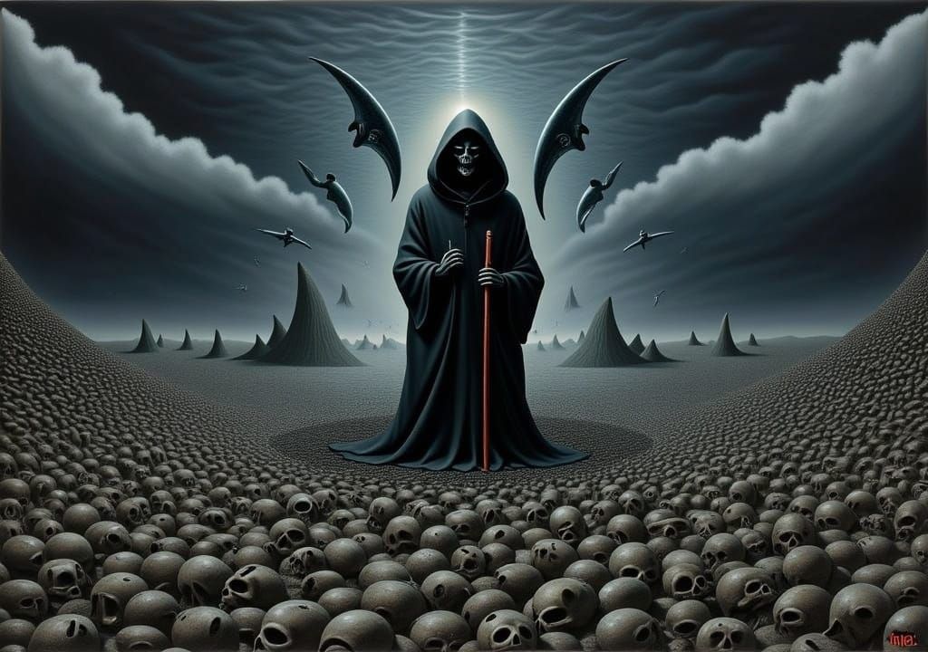 Grim Reaper in Tornado of Skulls, Dark Surrealism