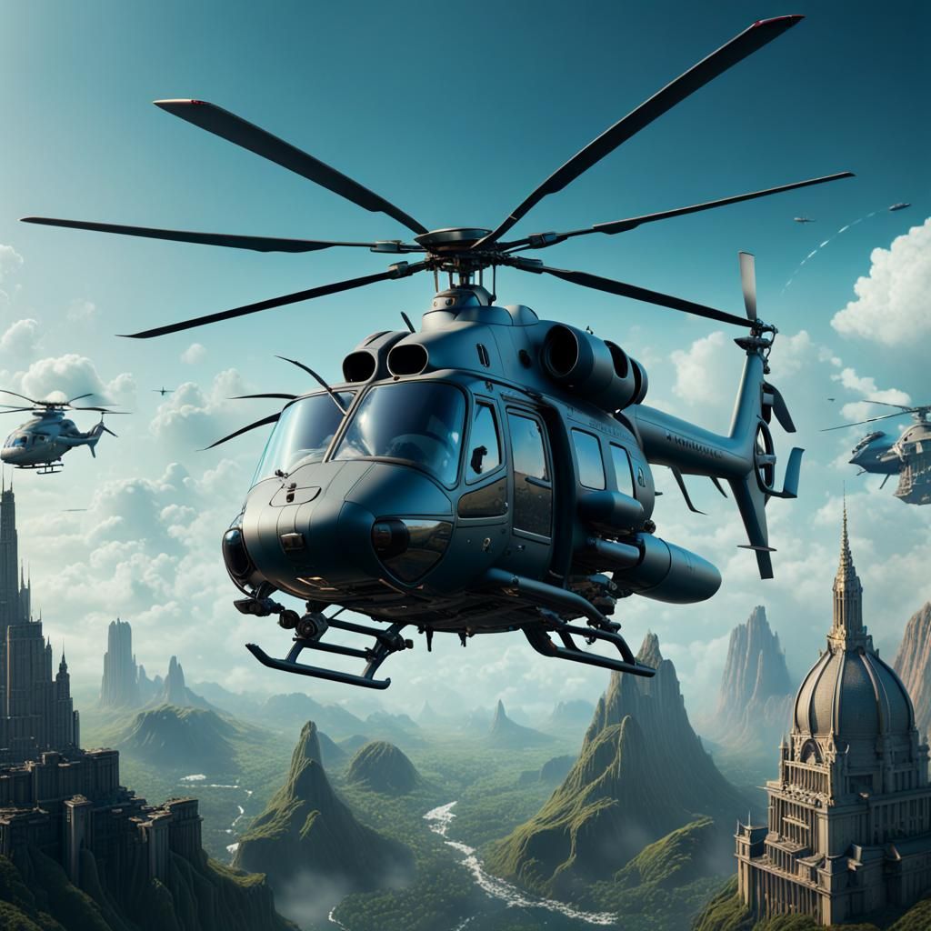 Helicopter in Sky: Detailed Matte Painting