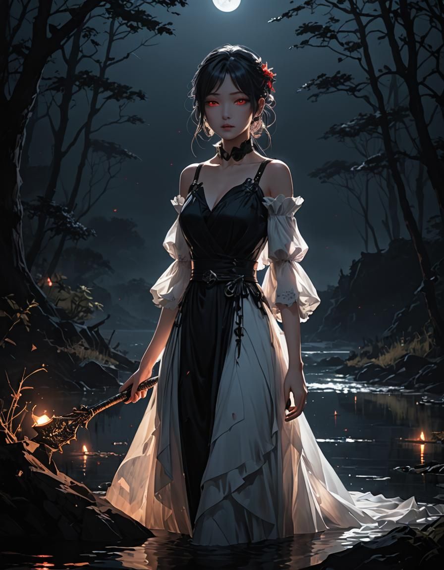 Eerie Anime Figure Emerges from Misty Lake