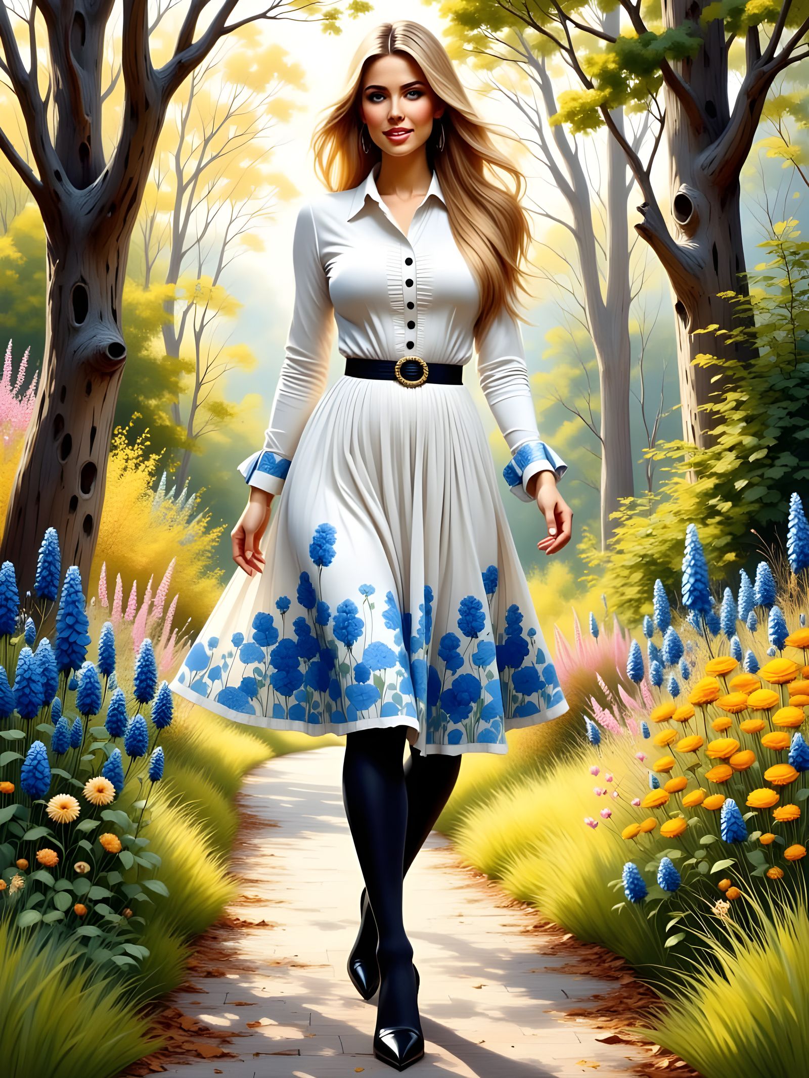 Woman in Floral Dress Inspired by Mucha and Klimt