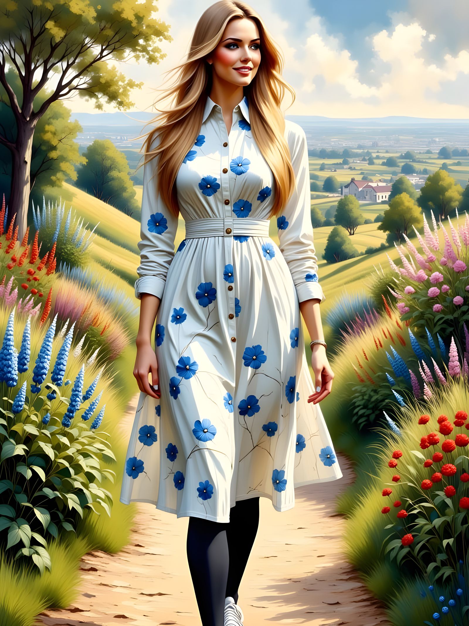 Woman in Floral Dress Walks in English Landscape