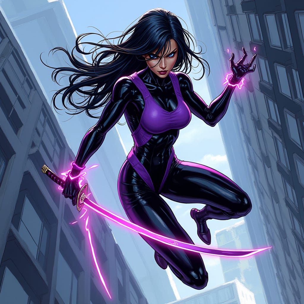 Psylocke Jumps Off Skyscraper with Glowing Katana