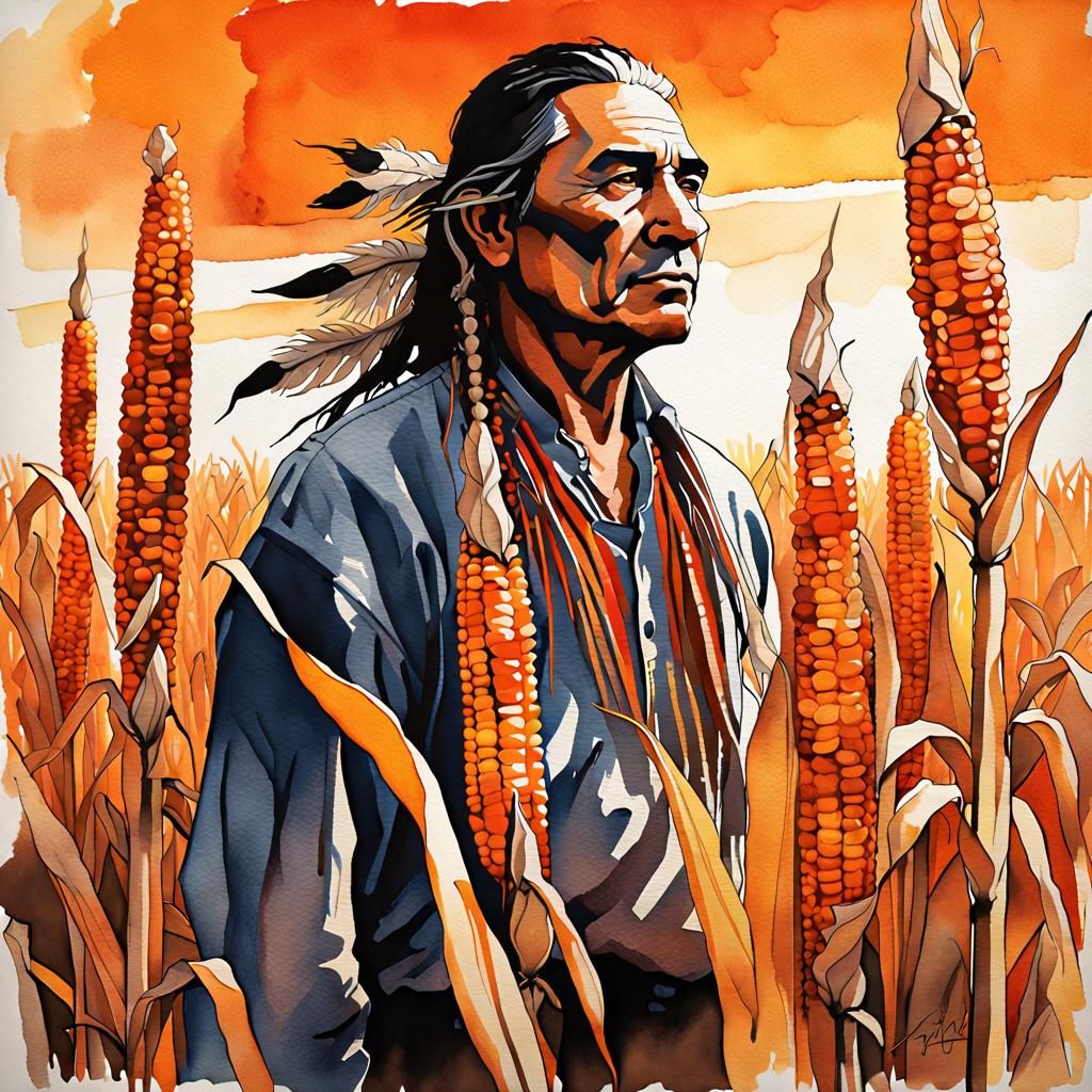 Native American Man in Cornfield, Watercolour Illustration