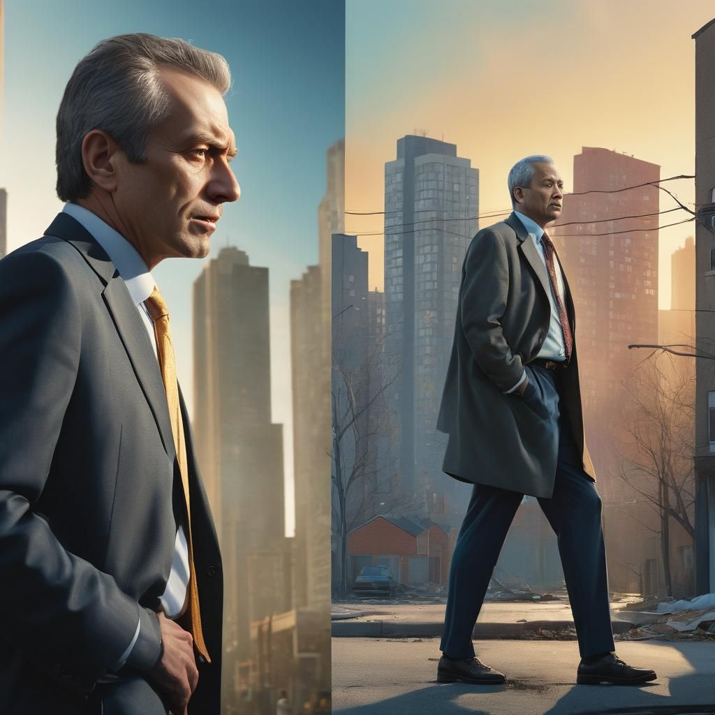 Social commentary illustration. Medium shot. A split-screen ...