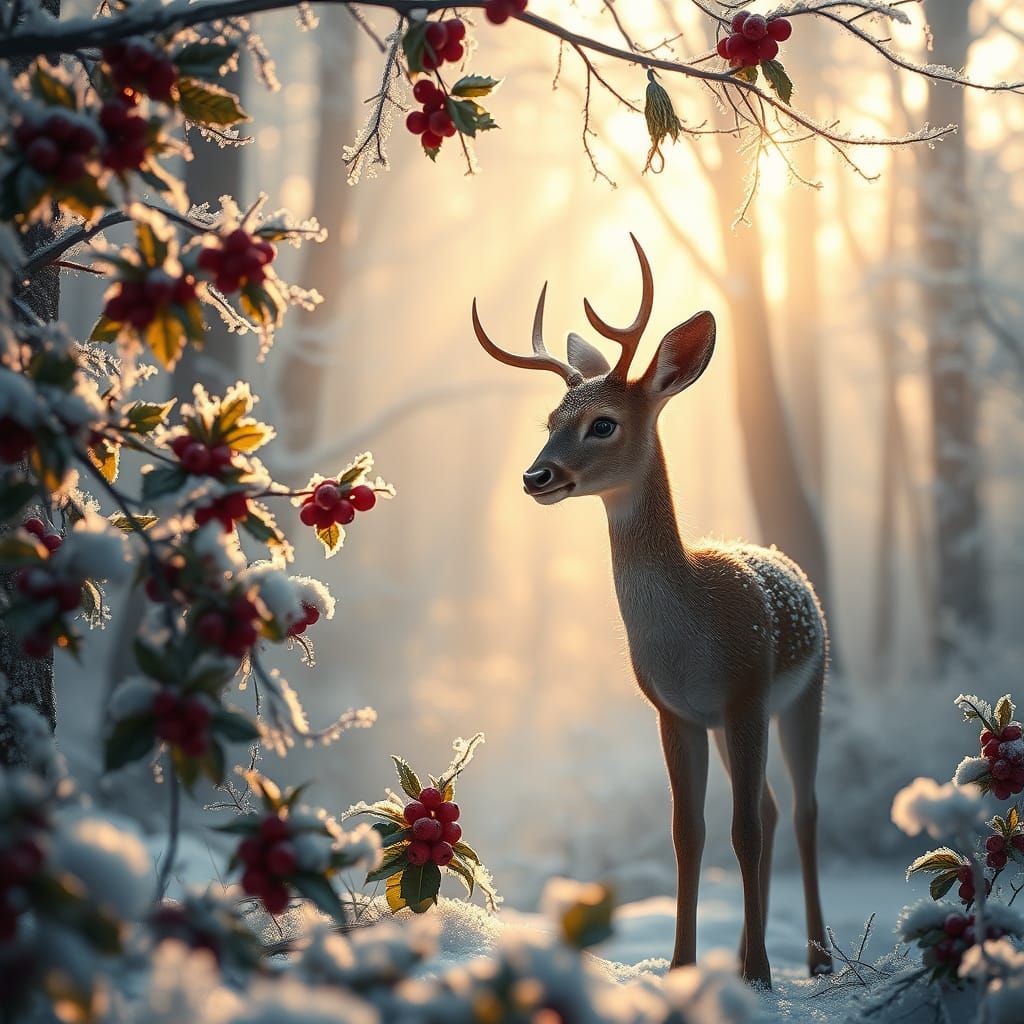 Majestic Winter Forest Scene With Deer at Dawn