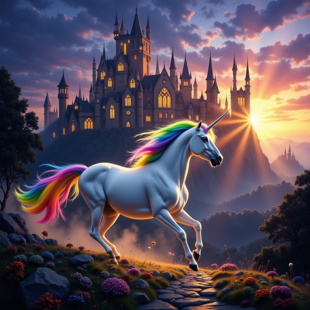 Majestic Unicorn Flees Intricate Gothic Castle at Twilight