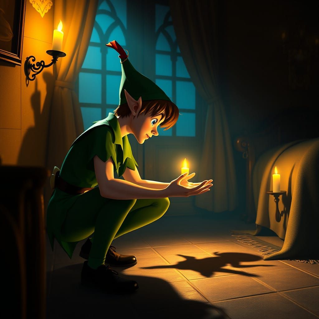 Peter Pan Chases Whimsical Shadow in Candlelit Wonderland