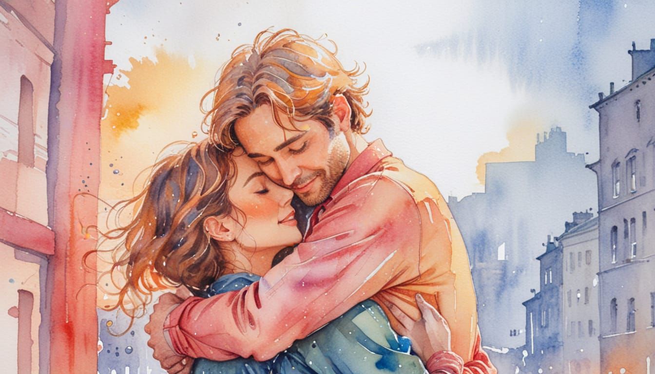 Romantic Couple Embrace in Watercolour Illustration