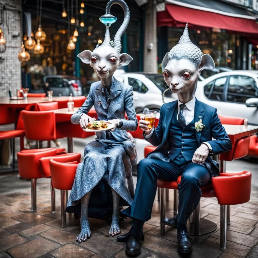 Surreal Alien Restaurant Celebration in Hyperrealistic Style
