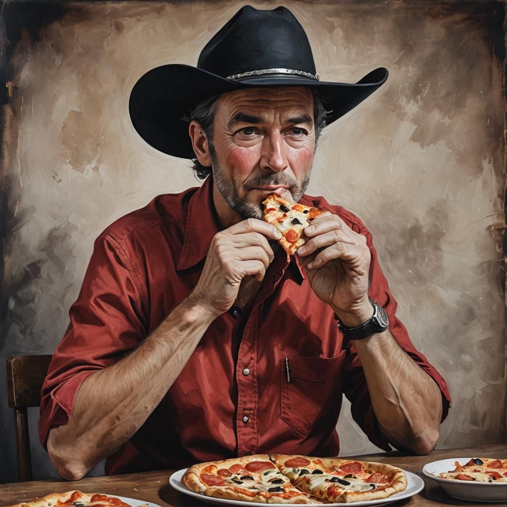 a portrait of a man in a red shirt with black cowboy hat eat...