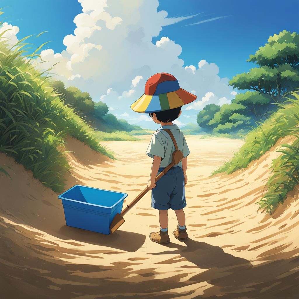 Child with Shovel at Sandbox, Anime Style