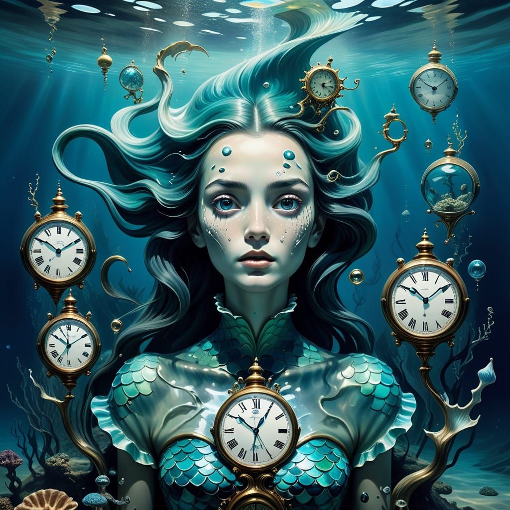 Surreal Mermaid with Melting Clocks in Dreamlike Underwater ...