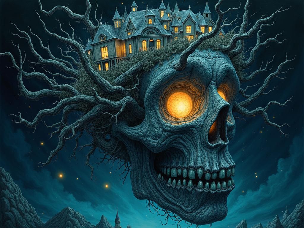 Surreal World: Houses Merge in Mind's Abyss