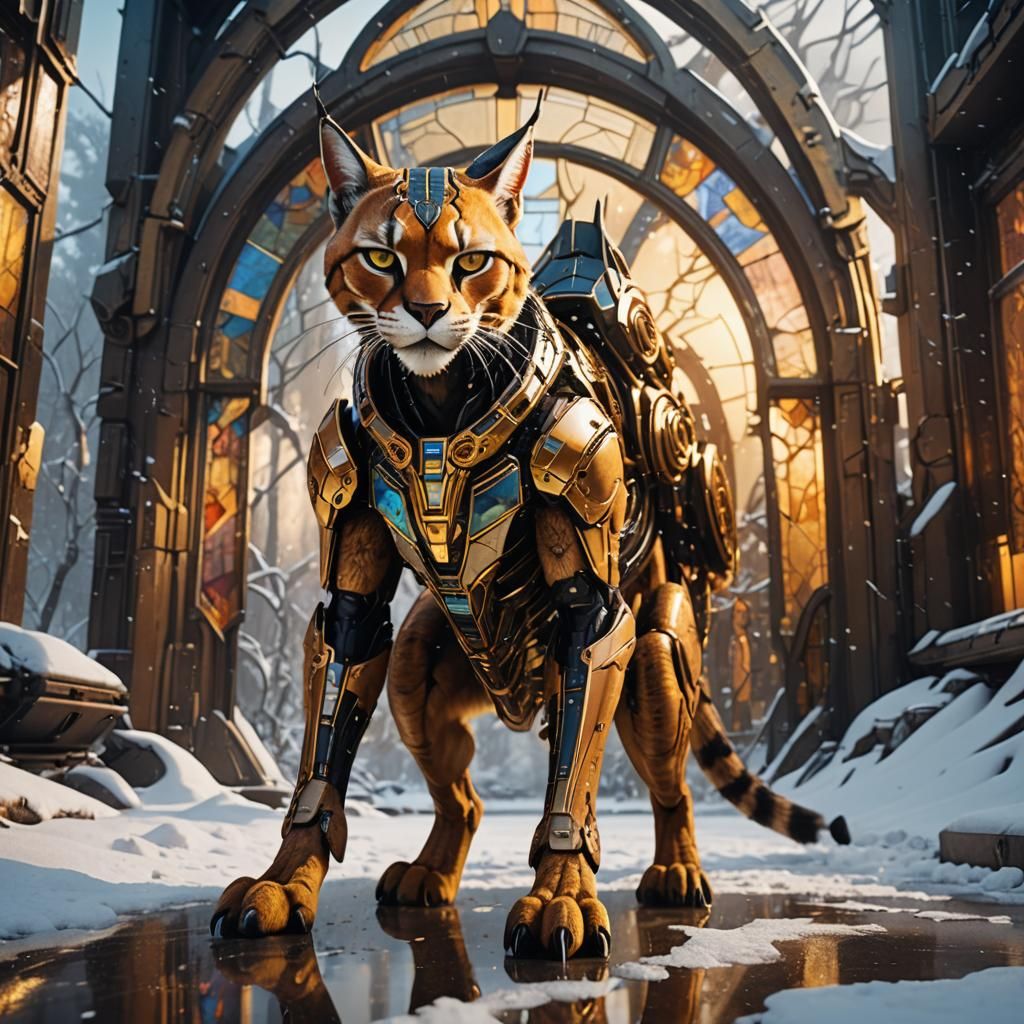 Biomechanical Caracal in Armored Mask Amid Falling Snow