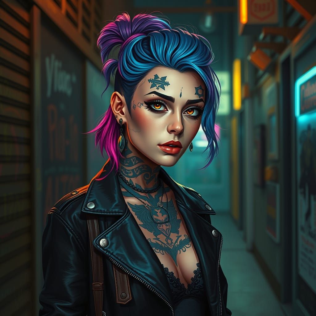 Tattooed Woman in Neon Alleyway: Digital Painting