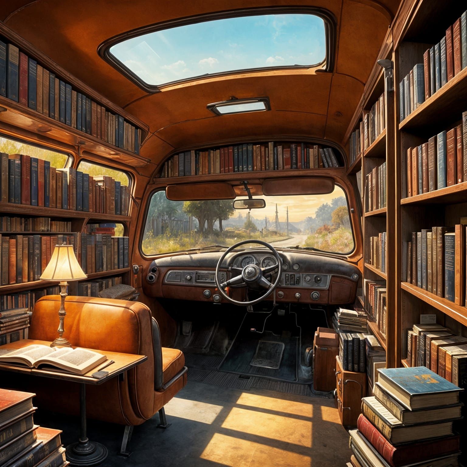 une bibliothèque dans un autocar warm colors mixed media sha...