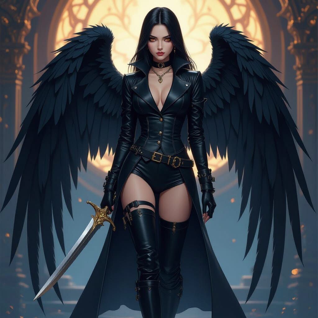 Anime Angelic Daughter in Leather Outfit with Golden Eyes