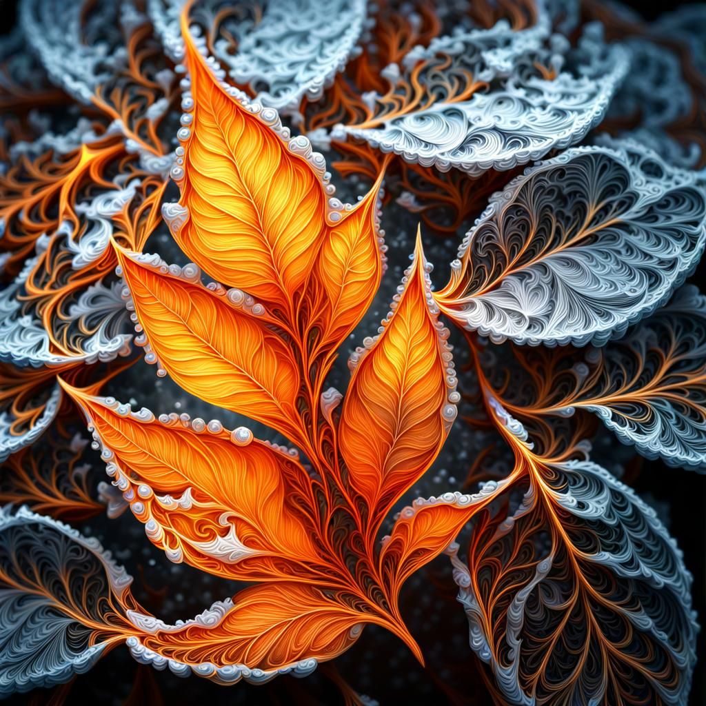 Glowing Tangerine Surrounded by Ice and Leaves