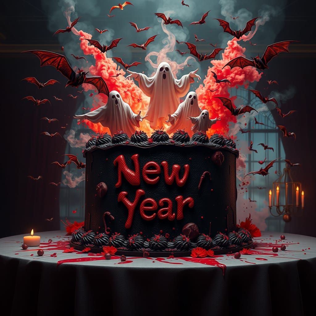 Exploding New Year Cake with Ghosts and Bats
