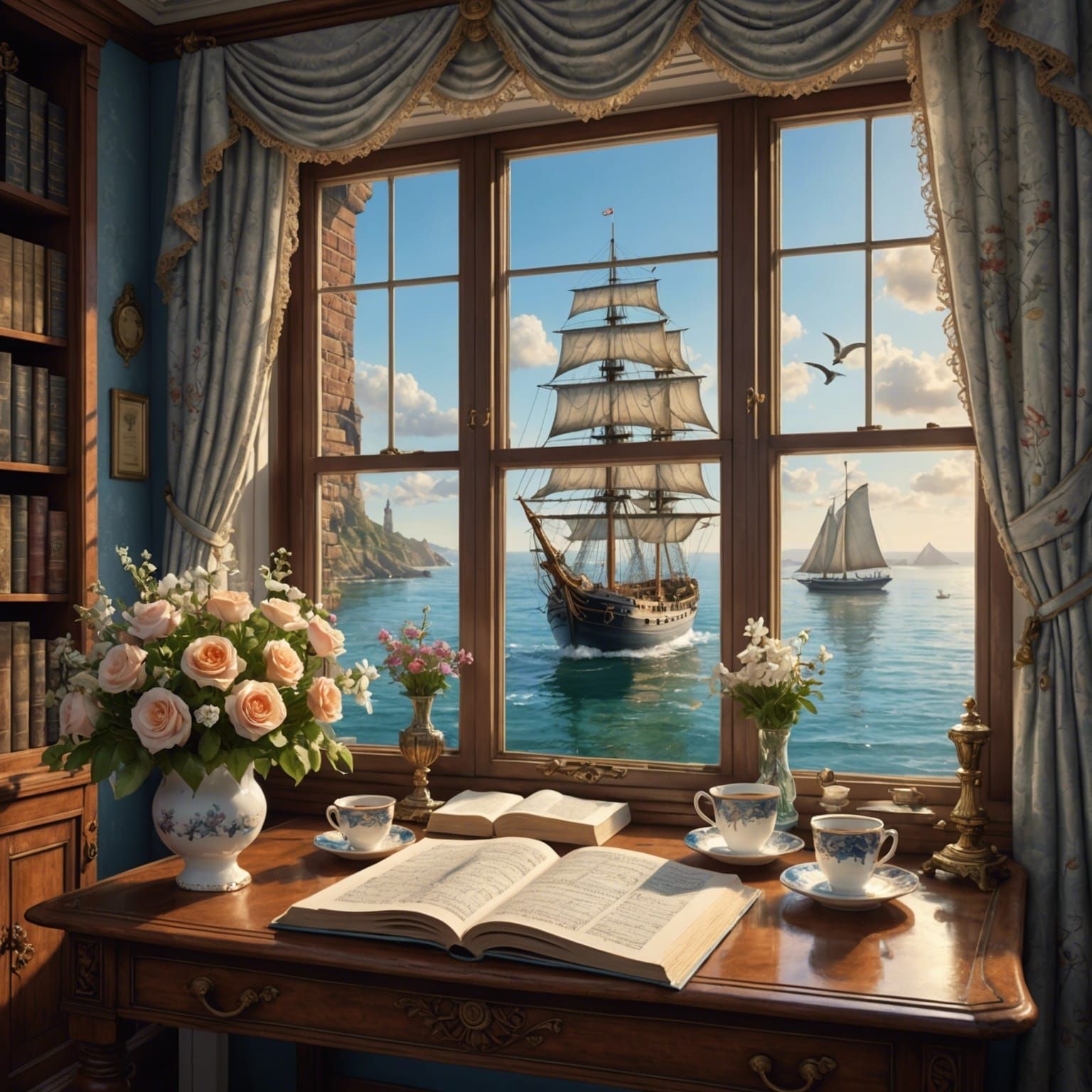 Victorian Living Room with Sailing Ship: Fantasy Art