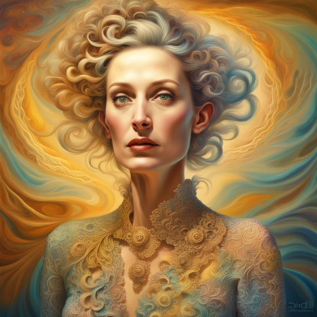 Elegant Woman in Fractal Reality: Surreal Oil Painting