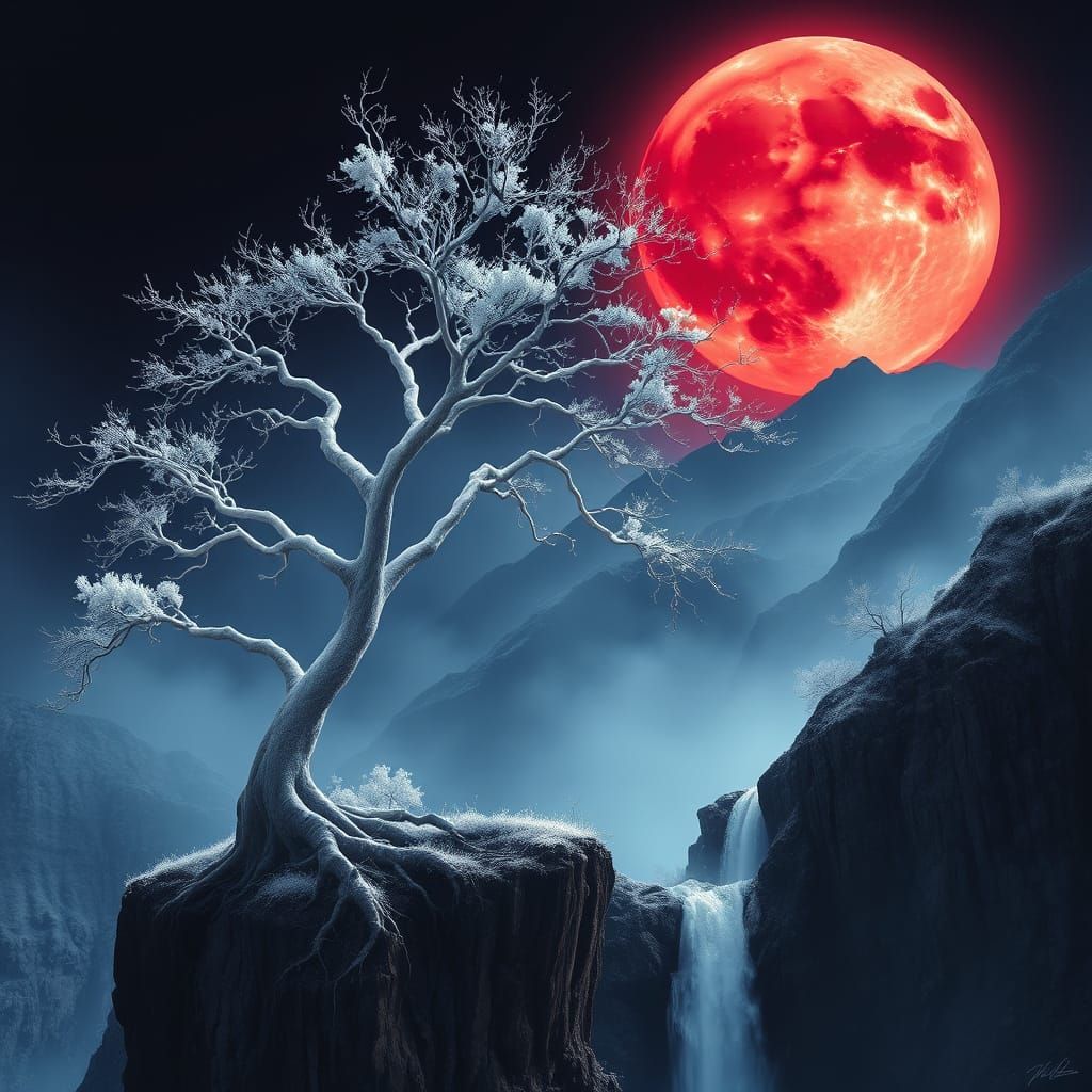 Mystical White Tree Beside Waterfall Under Blood Moon
