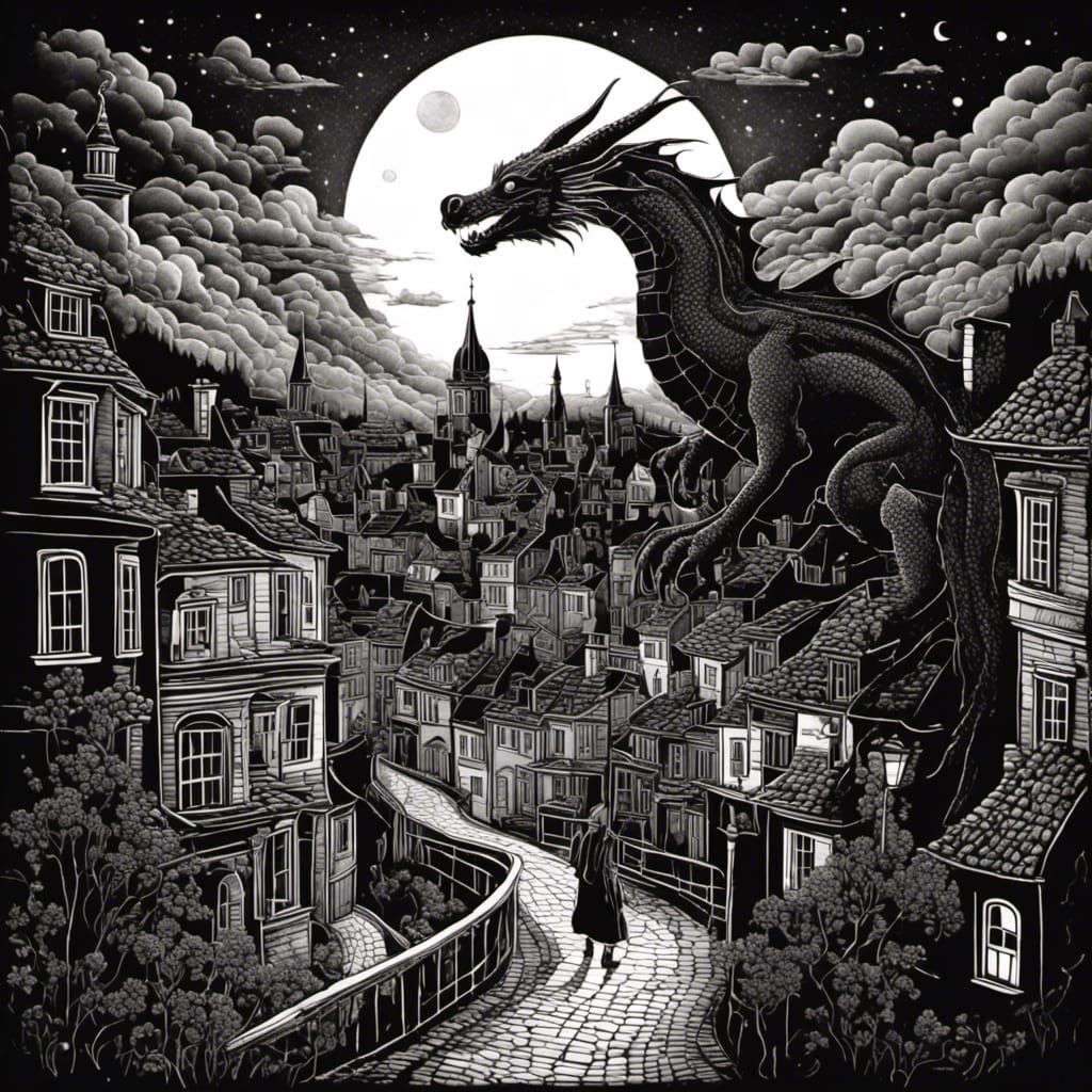 Dragon in Town: Black and White Illustration
