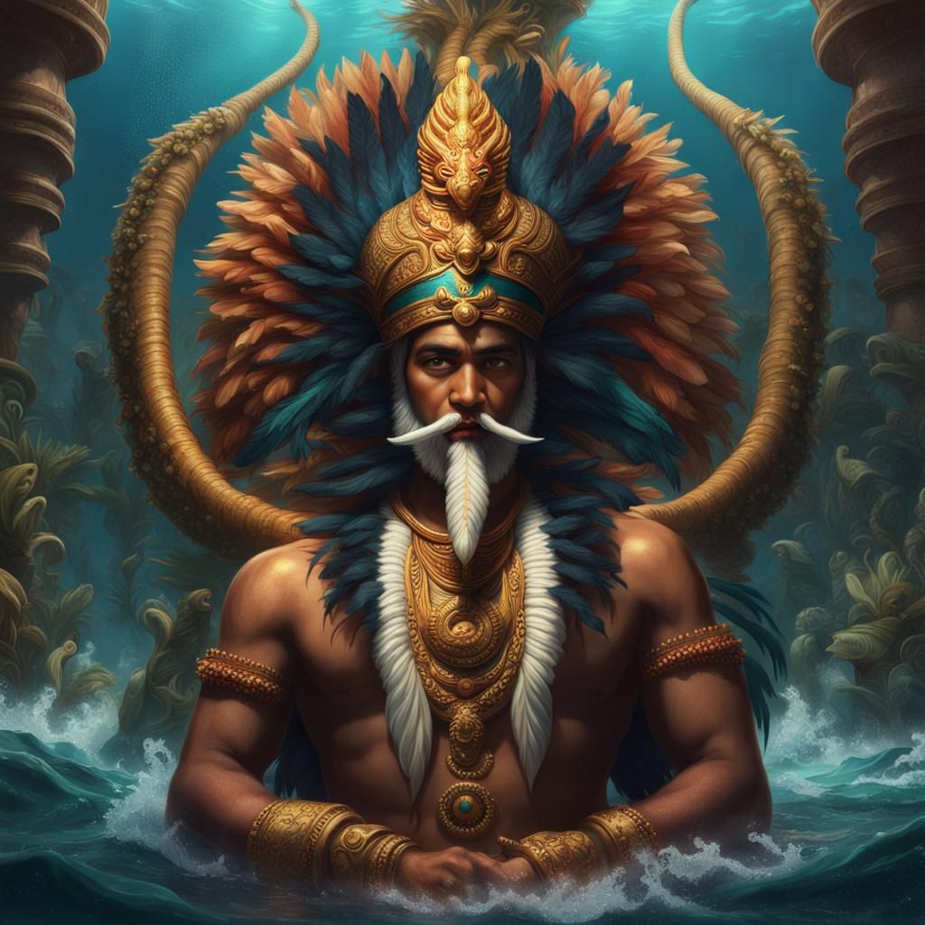 kukulkan feathered snake god blessing under the ocean  in the style of Raja Ravi Varma"