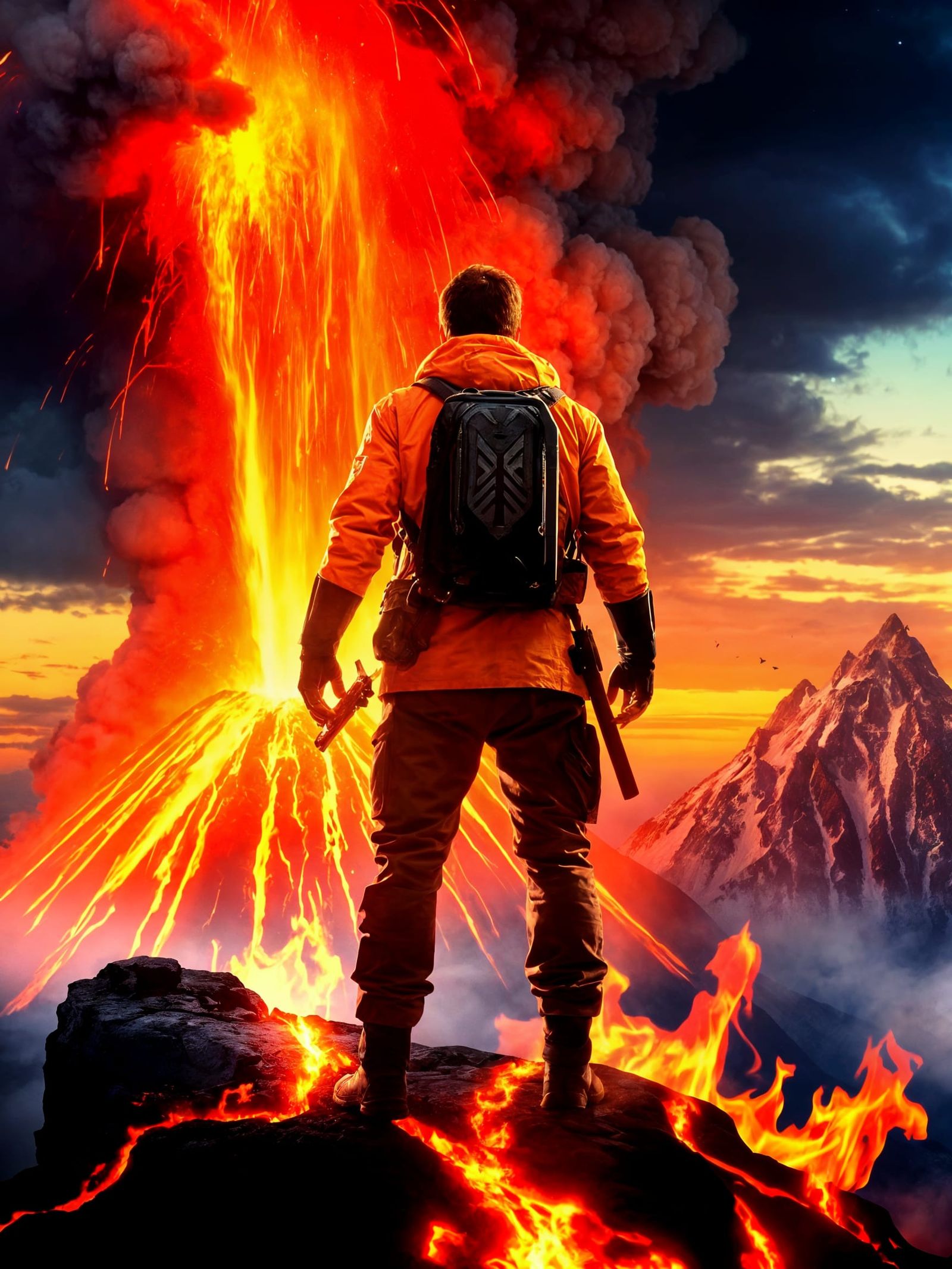 Adventurer at Exploding Volcano 90s Movie Poster Style
