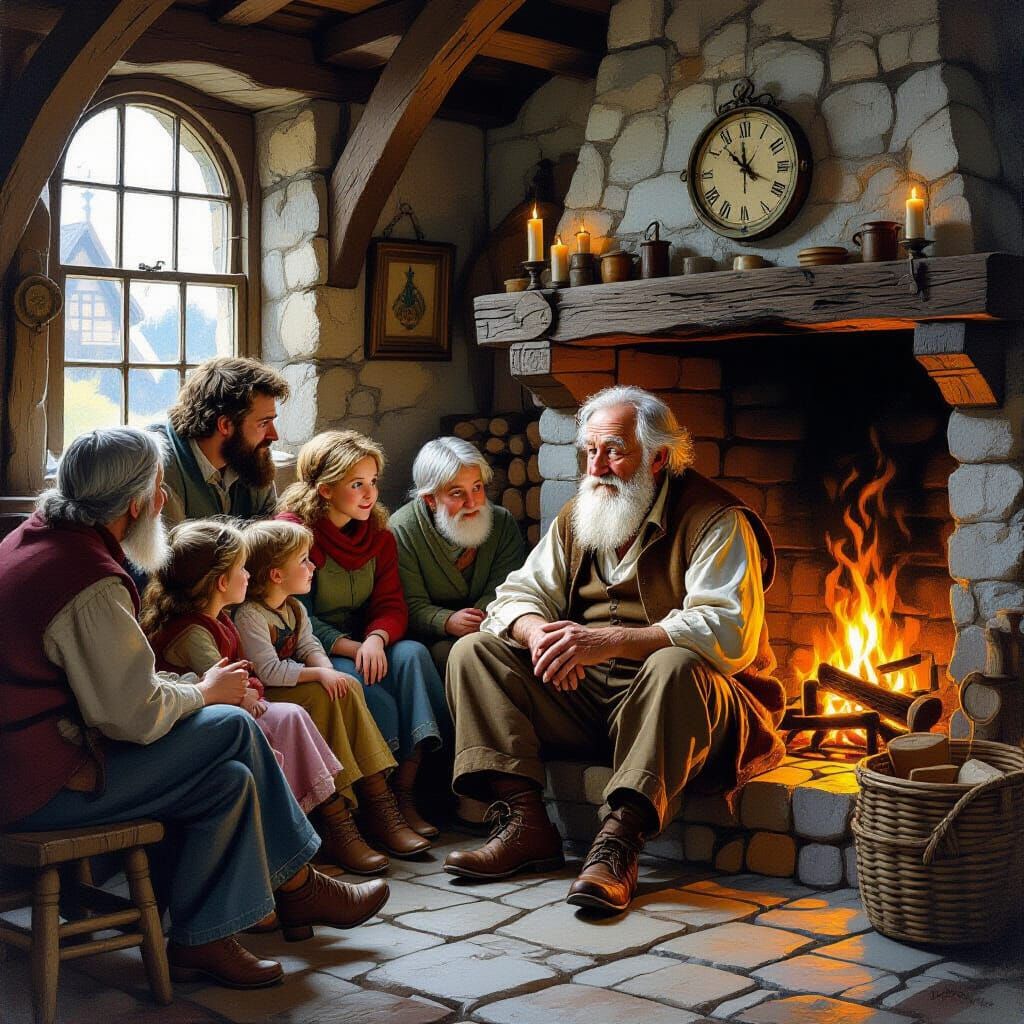 Elderly Storyteller Captivates Villagers by Hearthlight