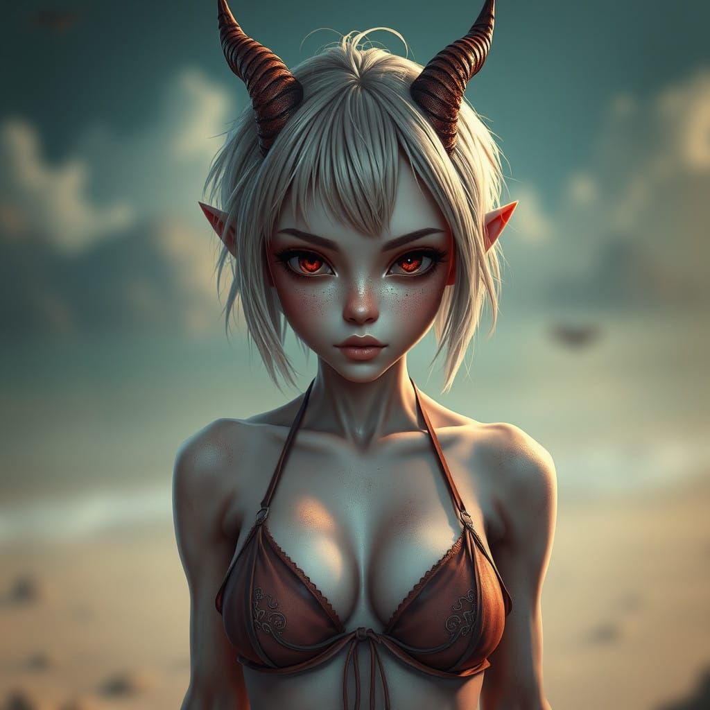 Fantastical Demoness in Bikini, Ash-Gray Skin, Piercing Red...