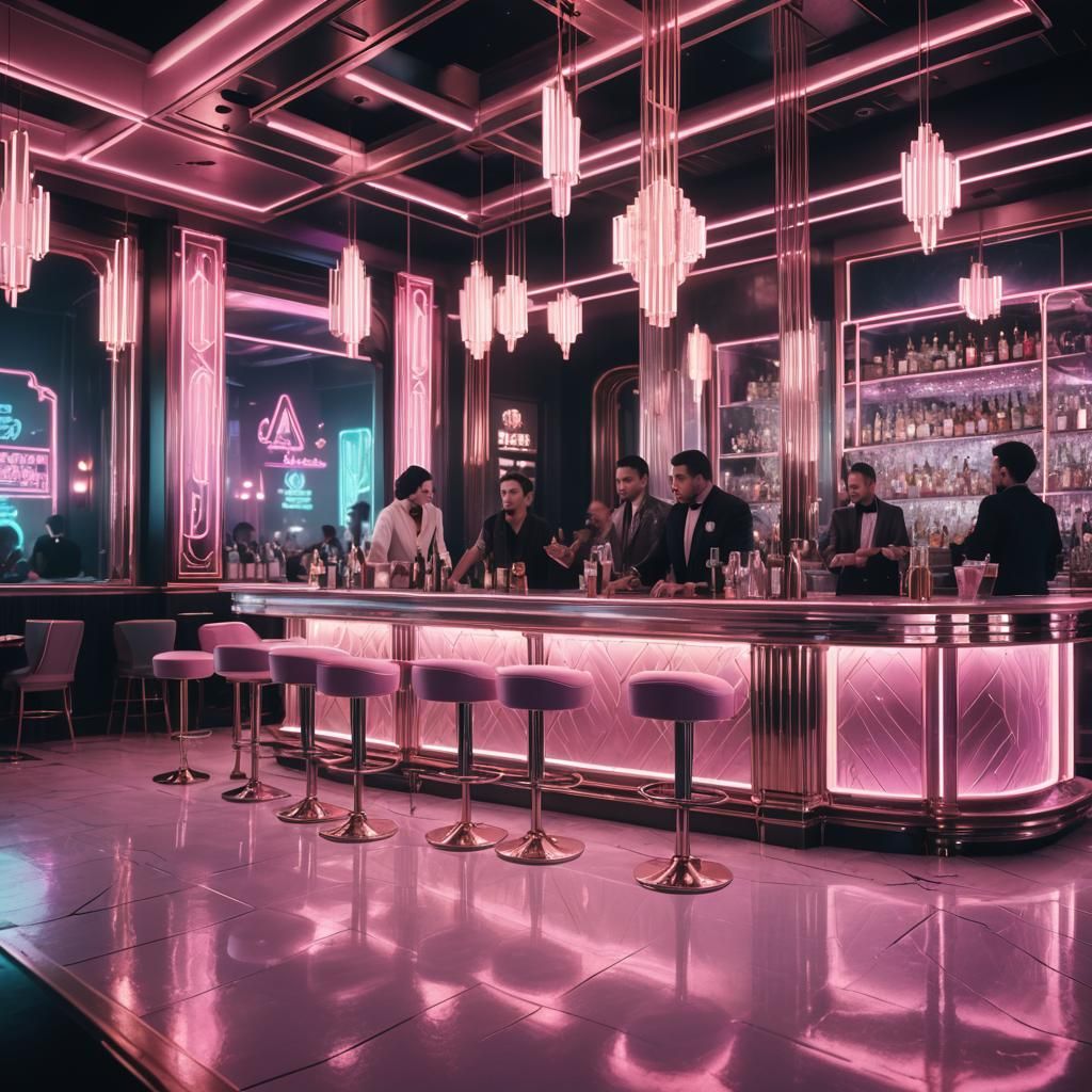 Art Deco Bar Scene with Neon Cyberpunk Reflections