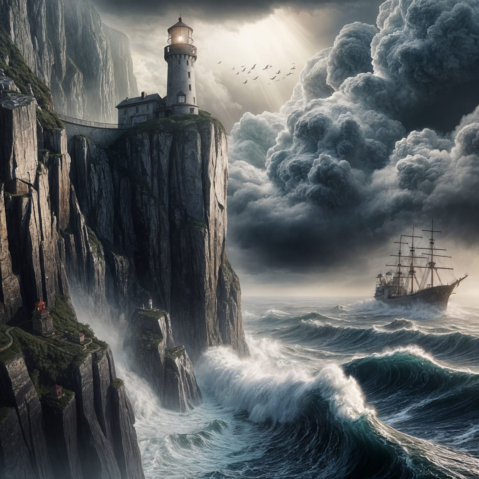 Lighthouse on Jagged Cliff During Storm