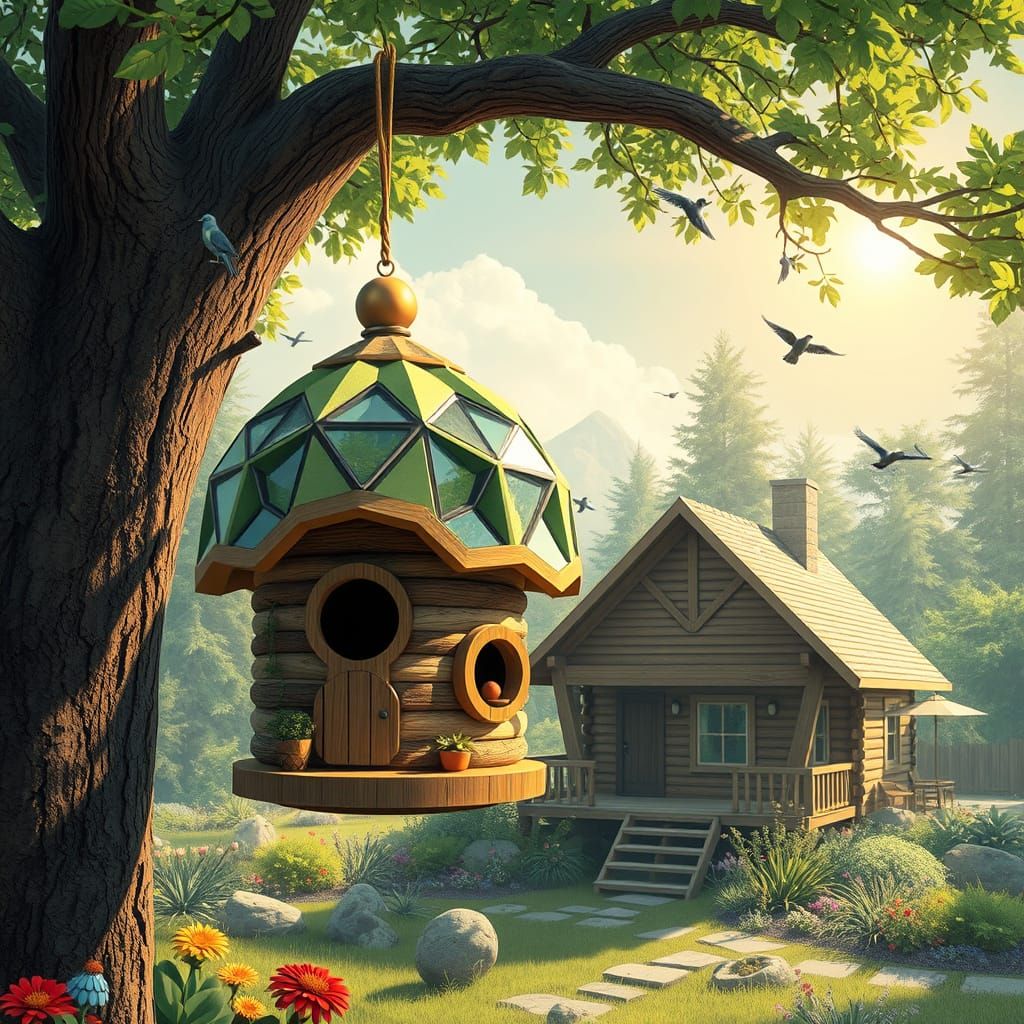 Solarpunk Birdhouse with Organic Design, Utopian Fantasy