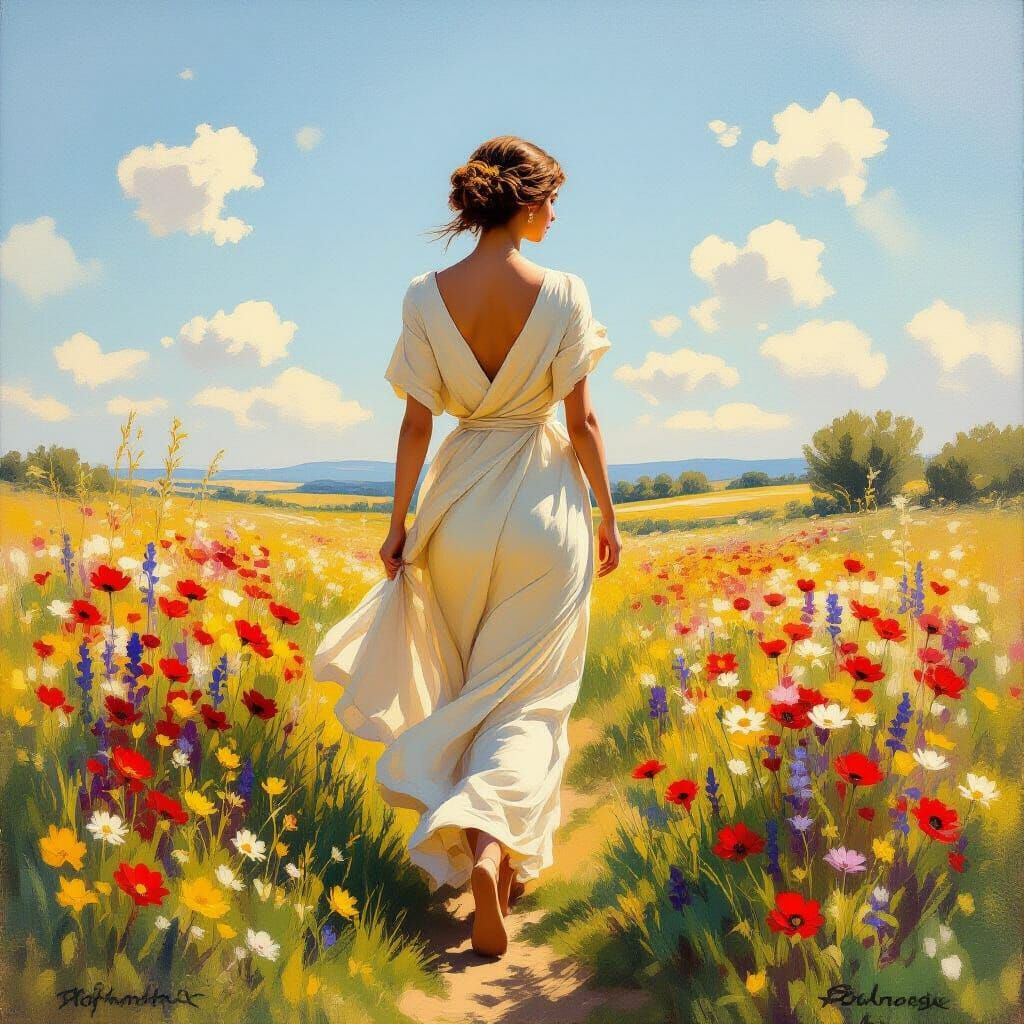 Graceful Woman in Chiton Amidst Wildflowers in Golden Hour