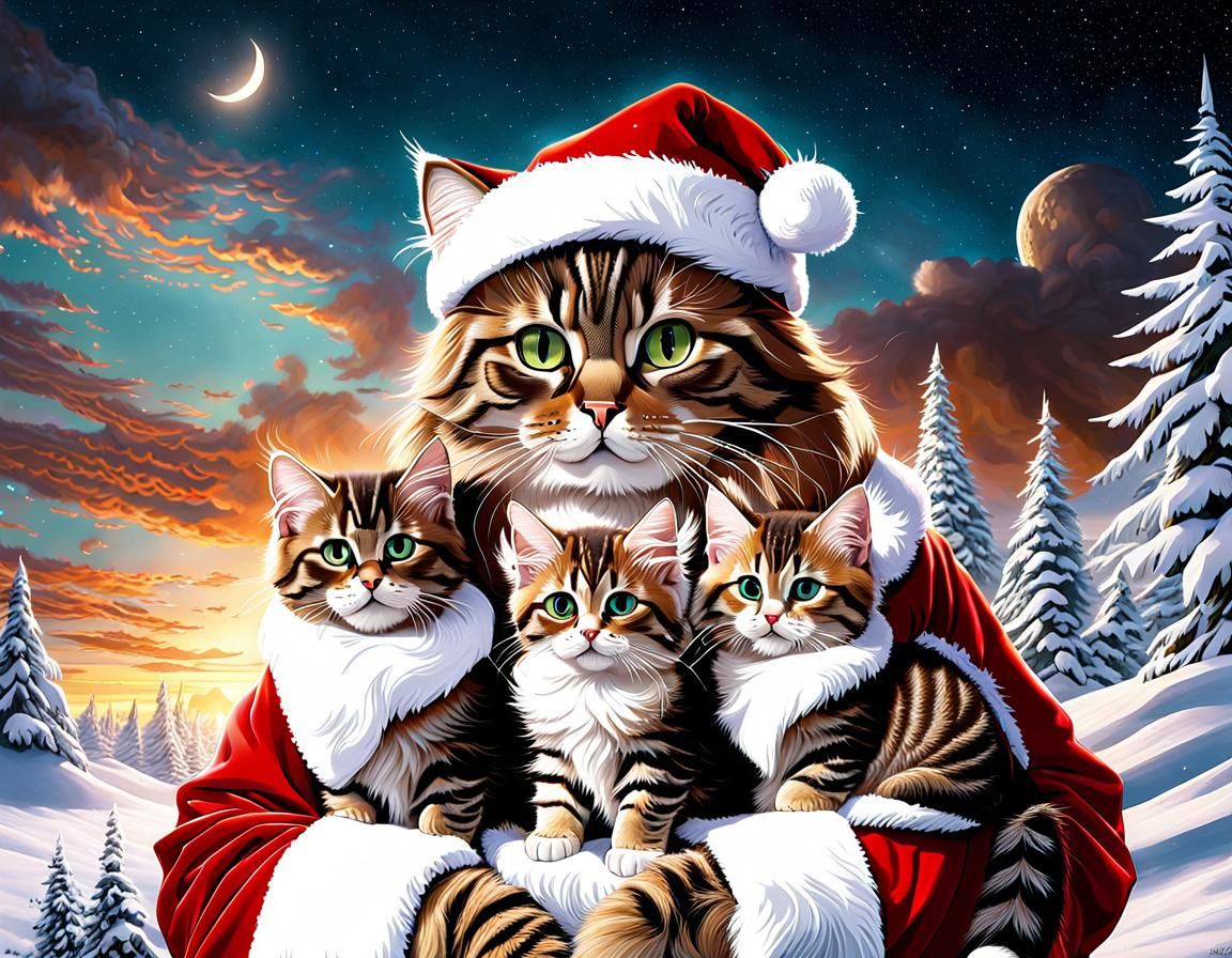Santa Cats in Snowy Winter Landscape