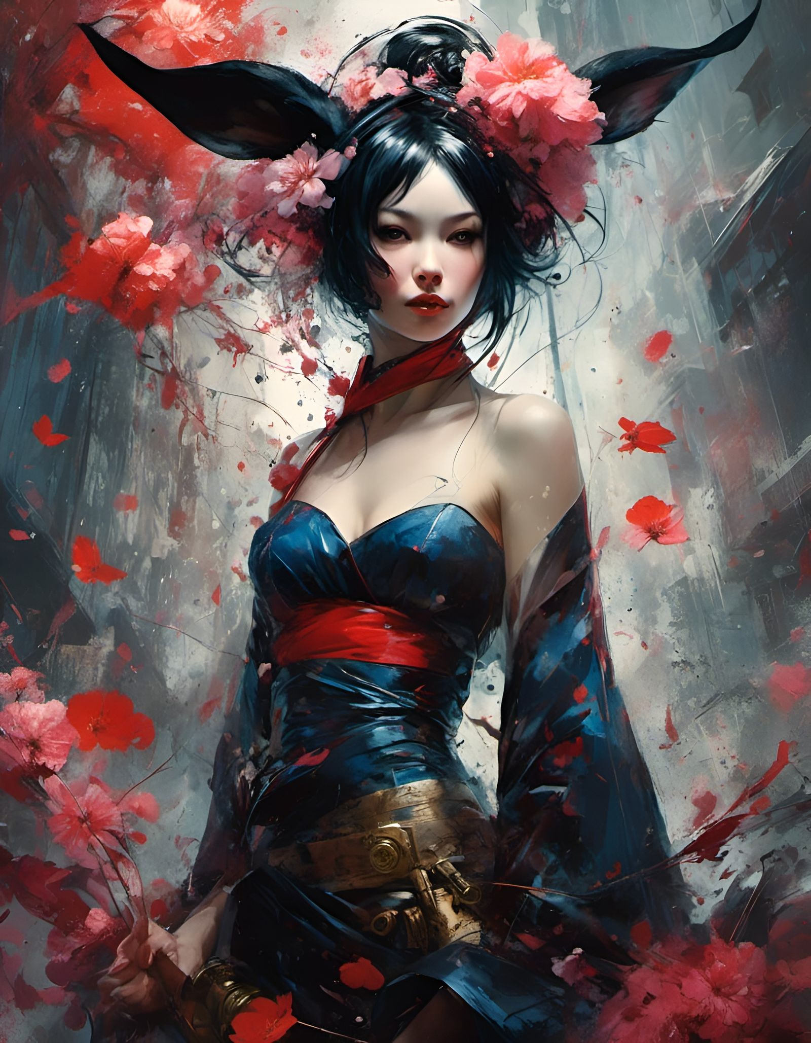 Cracked Bunny Geisha Portrait in Mondrian Style