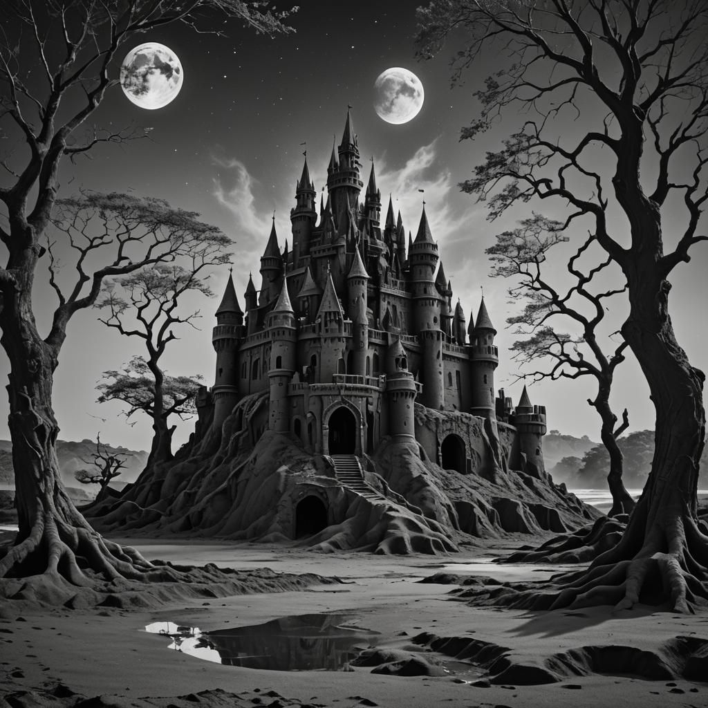 Ghost Portrait in Black and White with Sand Castle