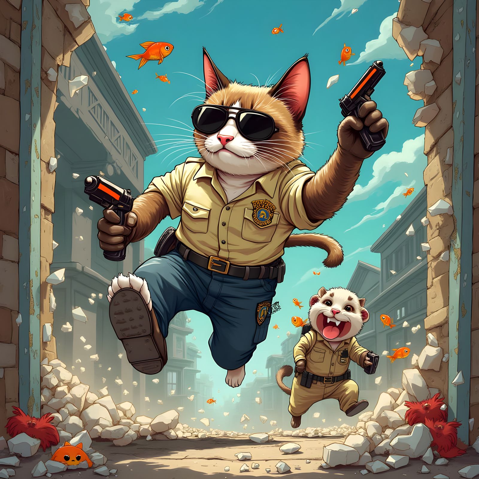 Anthropomorphic Cat Cop Chase Scene Illustration
