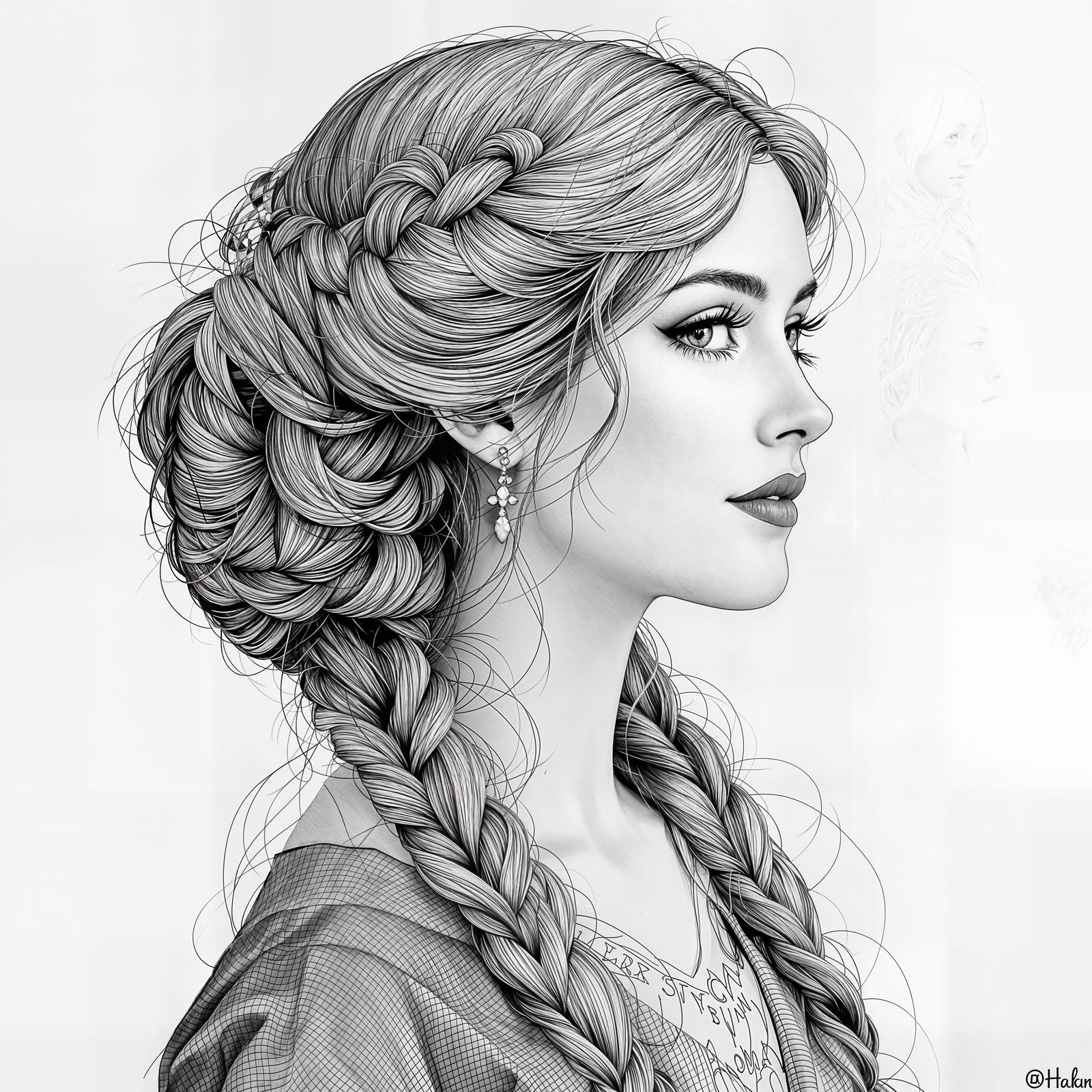Classic Grayscale Portrait of a Woman with Braided Long Hair