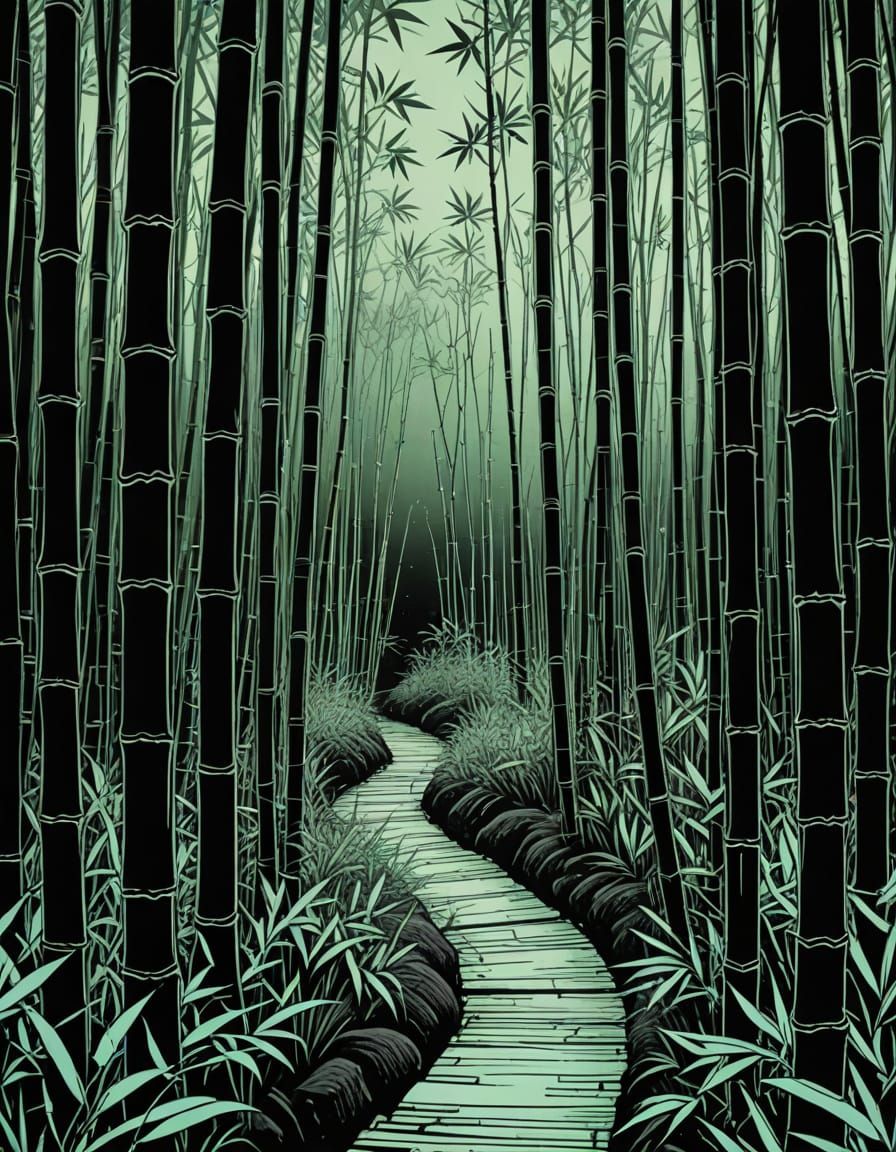 Bamboo Forest Trail Scratch Art in Ukiyo-e Style