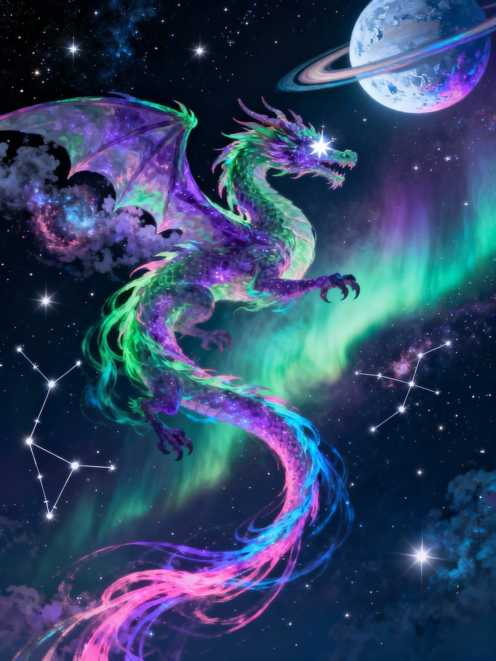 Aurora Dragon Soars Through Starfield Cosmos