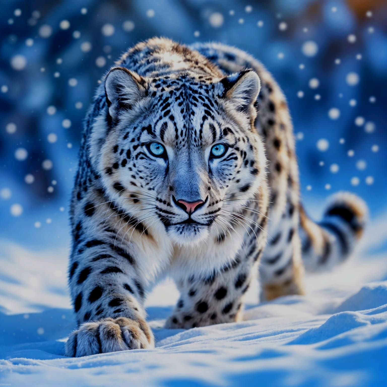 Majestic Snow Leopard Hunting in Winter Storm