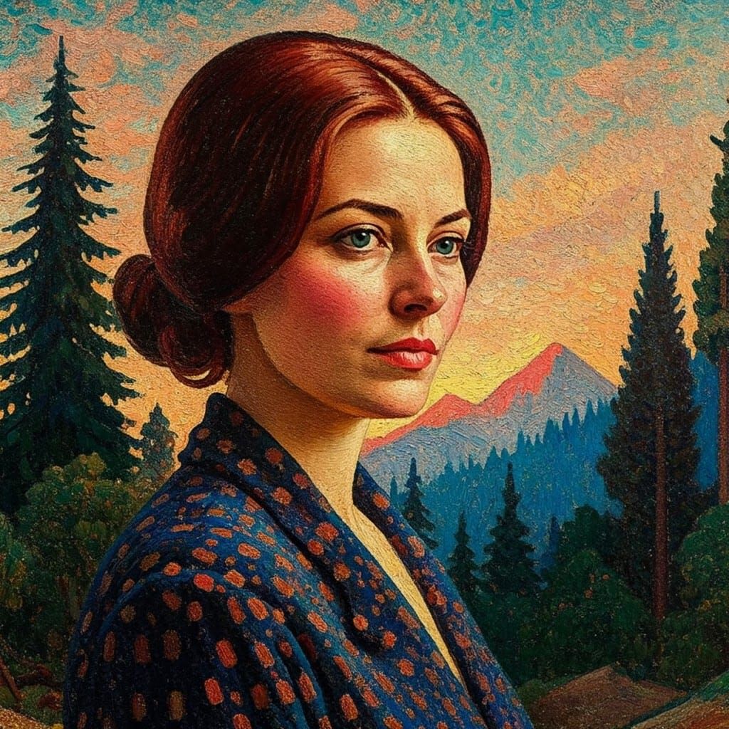 Pointillist Portrait of a Lady at Sunset