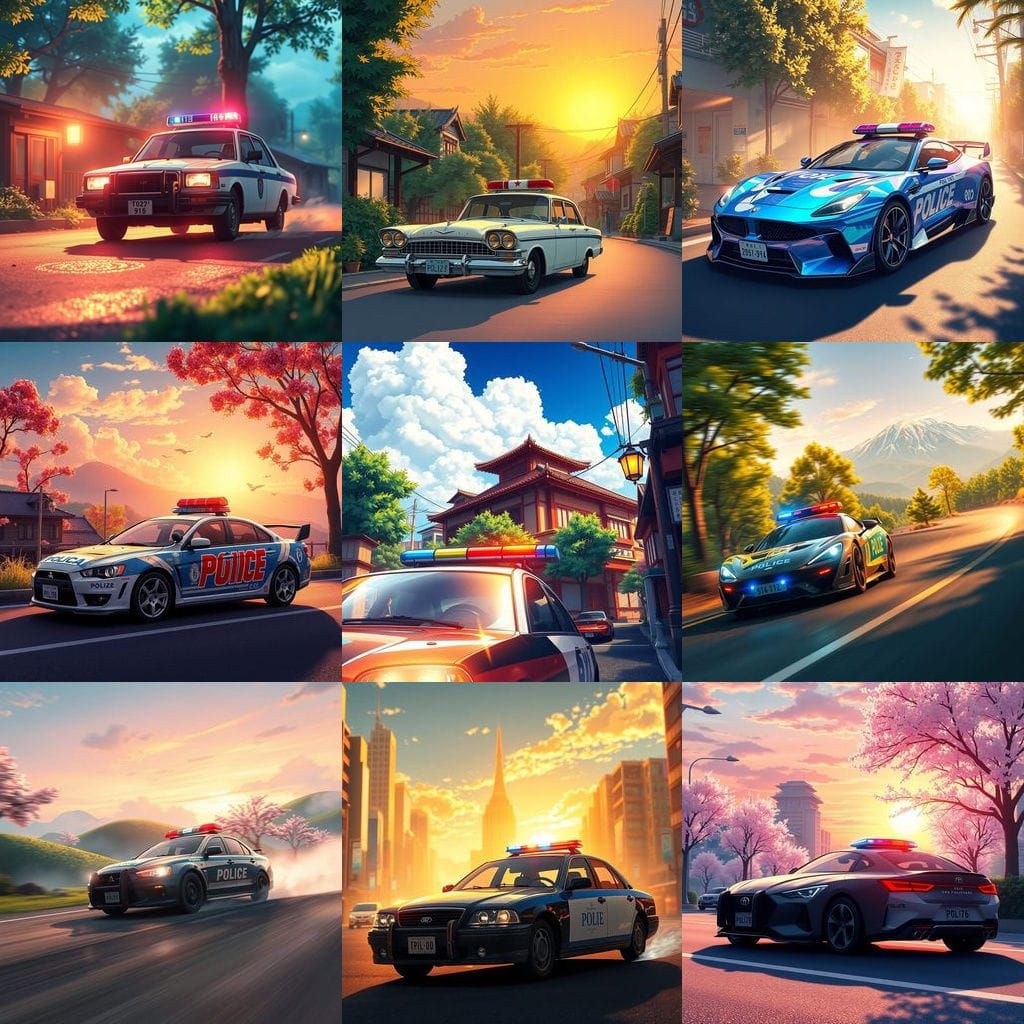 Anime-Style Police Car in Vibrant Studio Ghibli Colors