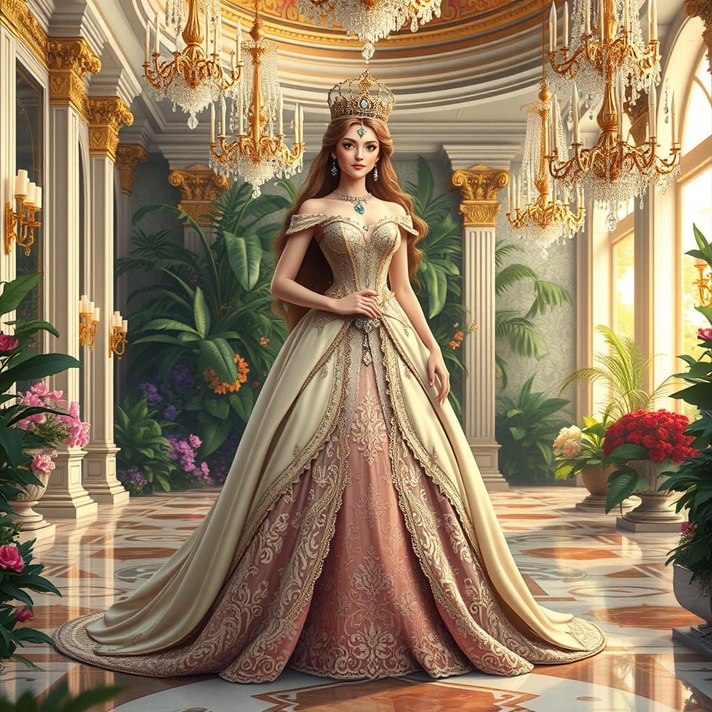 Regal Princess in Opulent Fantasy Ballroom